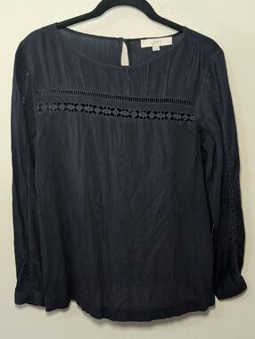 LOFT Navy Long-Sleeve Crochet-Trim Blouse Boho Cottage Minimalist Womens Size MP